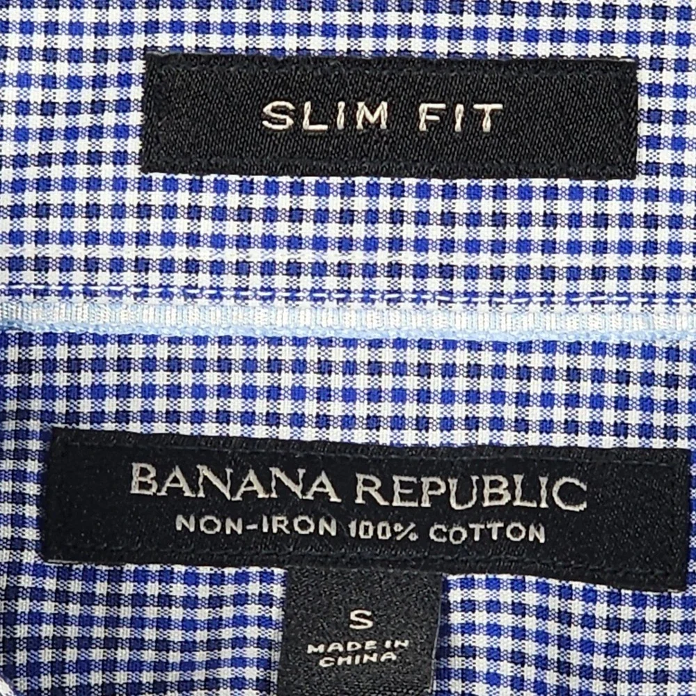 Banana Republic Mens Slim Fit Non-Iron Cotton Gingham Dress Shirt Blue Small